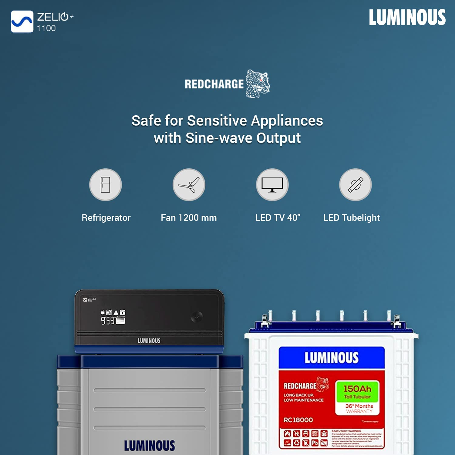 Luminous Inverter Battery Combo for HomeOffice ShopsZelio1100 Pure Sine Wave 900VA12V Inverter with Red Charge RC 18000TT 150Ah Battery Trolley Warranty24 monthsInverter36 monthsBattery