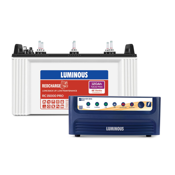 Image of Luminous Inverter &amp; Battery Combo (Power sine 800 Pure Sine Wave 700VA/12V Inverter with RC15000PRO 120Ah Battery) for Home, Office &amp; Shops