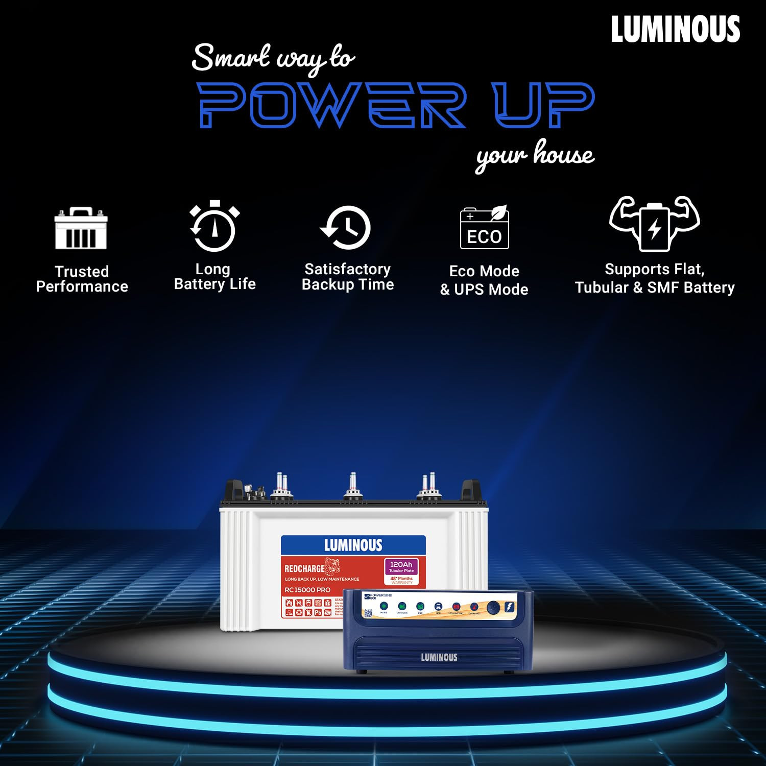 Luminous Inverter Battery Combo Power sine 800 Pure Sine Wave 700VA12V Inverter with RC15000PRO 120Ah Battery for Home Office Shops