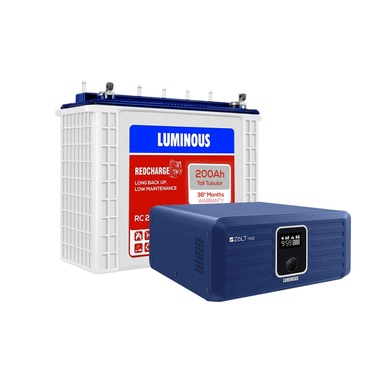 Luminous Inverter Battery Combo Zolt 1100 Pure Sine Wave 900VA12V Inverter with Red Charge RC 25000 Tall Tubular 200Ah Battery for Home Office Shops