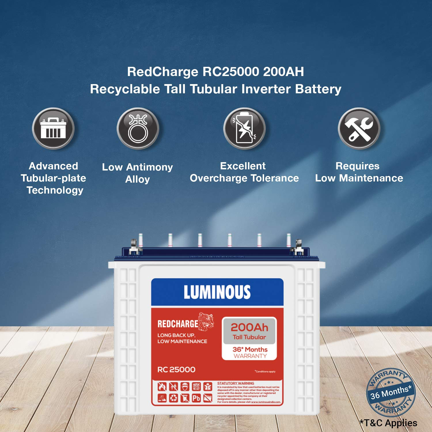 Luminous Inverter Battery Combo Zolt 1100 Pure Sine Wave 900VA12V Inverter with Red Charge RC 25000 Tall Tubular 200Ah Battery for Home Office Shops