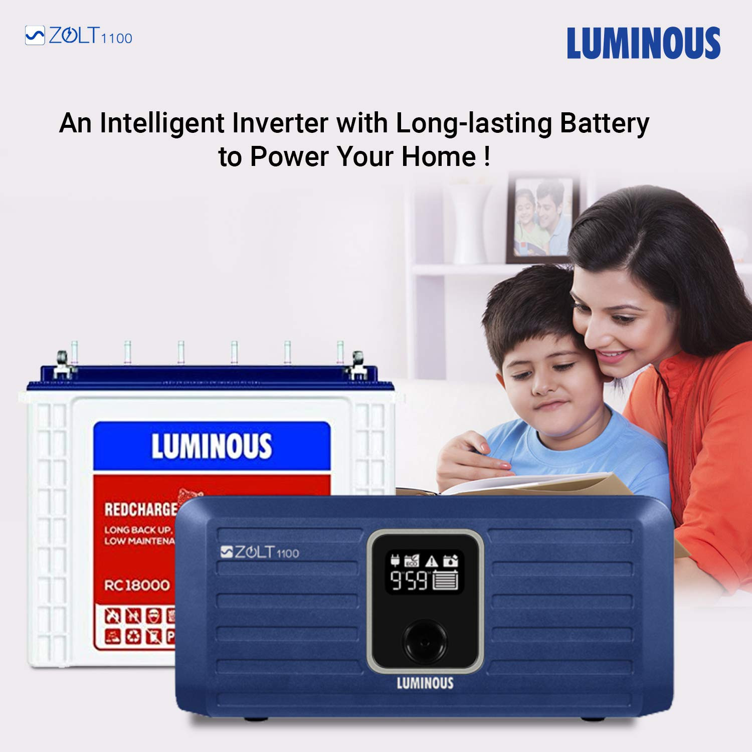 Luminous Inverter Battery Combo Zolt 1100 Pure Sine Wave 900VA12V Inverter with Red Charge RC 25000 Tall Tubular 200Ah Battery for Home Office Shops
