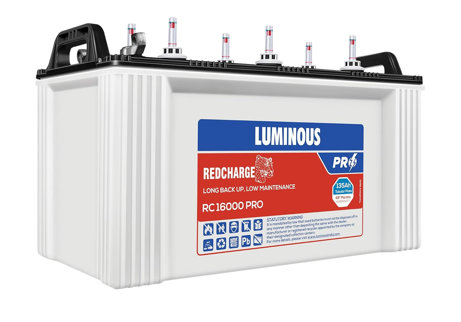 Luminous Red Charge RC 16000 PRO Battery for Home Office Shops 135 Ah12V Short Tubular Inverter Durable and Reliable Inverter Battery Minimum Maintenance 48 Months Warranty