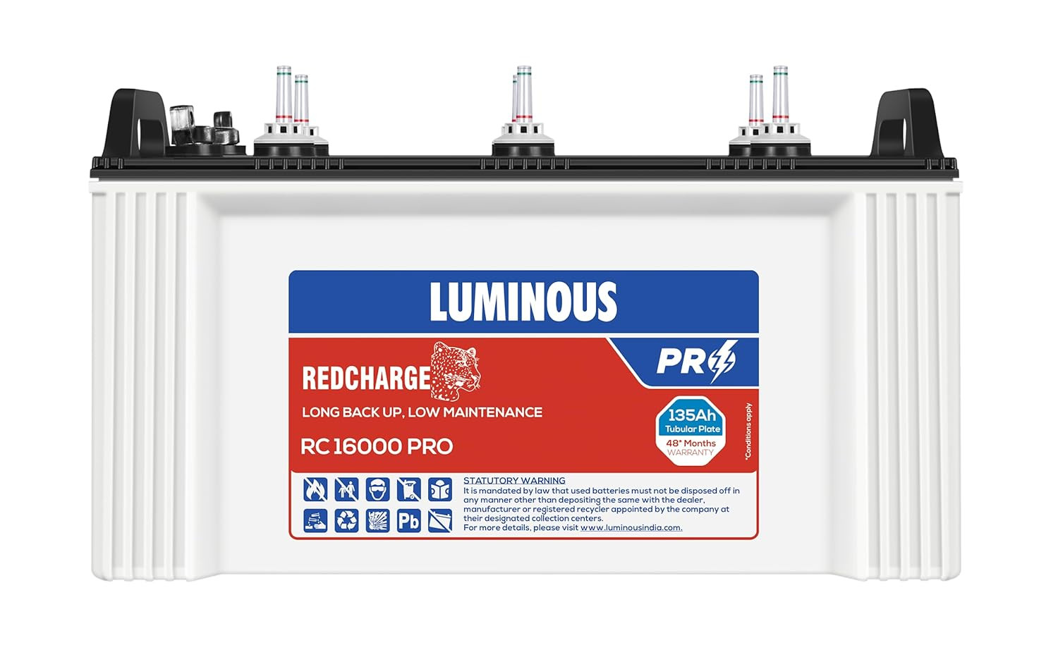 Luminous Red Charge RC 16000 PRO Battery for Home Office Shops 135 Ah12V Short Tubular Inverter Durable and Reliable Inverter Battery Minimum Maintenance 48 Months Warranty