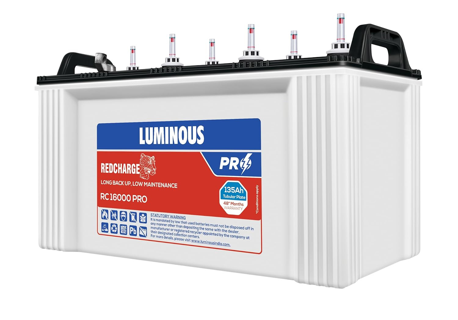 Luminous Red Charge RC 16000 PRO Battery for Home Office Shops 135 Ah12V Short Tubular Inverter Durable and Reliable Inverter Battery Minimum Maintenance 48 Months Warranty