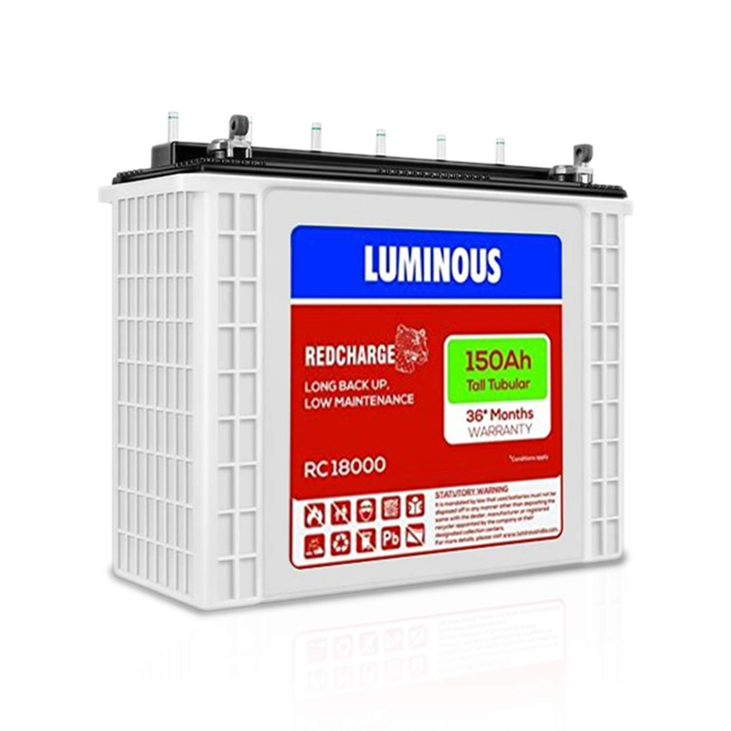 Luminous Red Charge RC 18000 150 Ah Recyclable Tall Tubular Inverter Battery for Home Office Shops Blue White