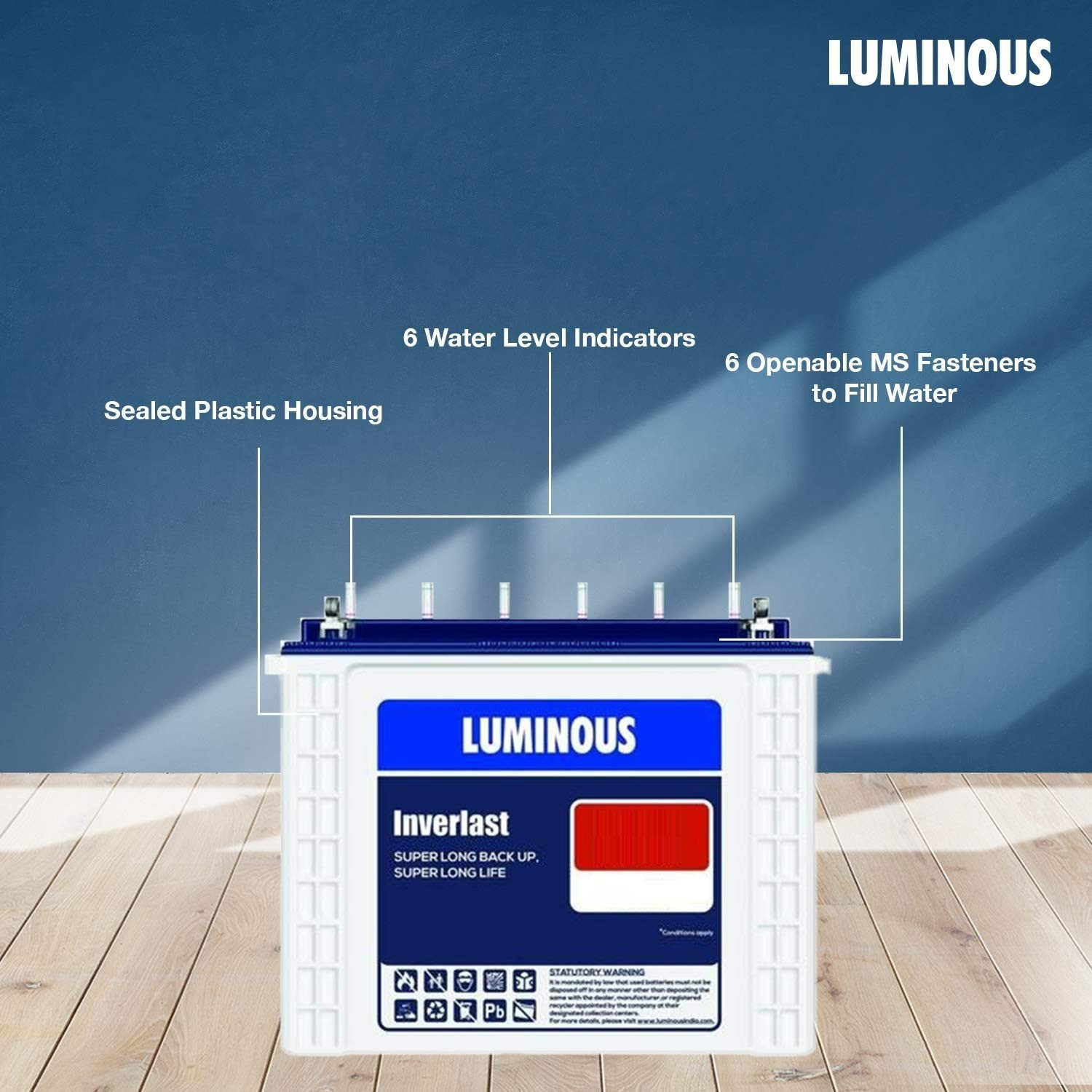 Luminous Red Charge RC 18000 150 Ah Recyclable Tall Tubular Inverter Battery for Home Office Shops Blue White