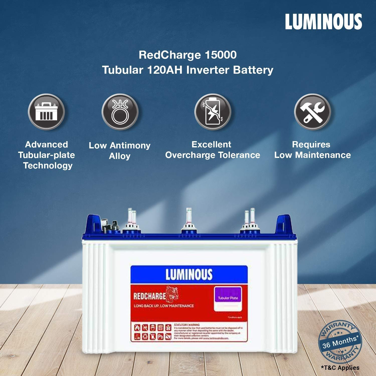 Luminous Red Charge RC 18000 150 Ah Recyclable Tall Tubular Inverter Battery for Home Office Shops Blue White