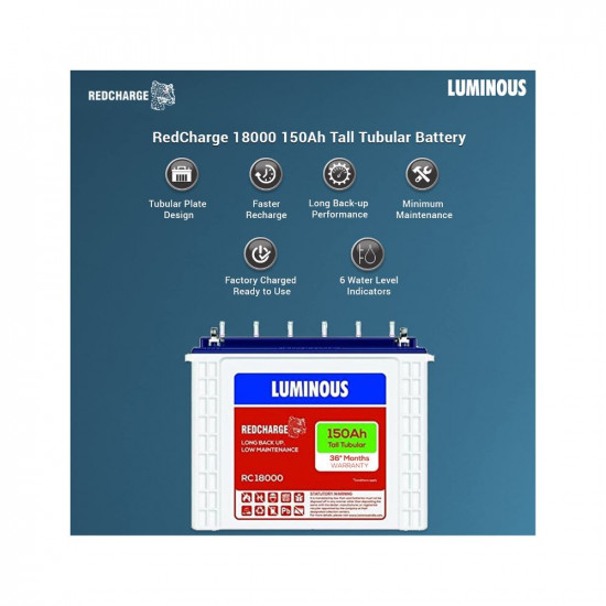 Luminous Red Charge RC 18000 150 Ah Tall Tubular Inverter Battery for Home Office  Shops