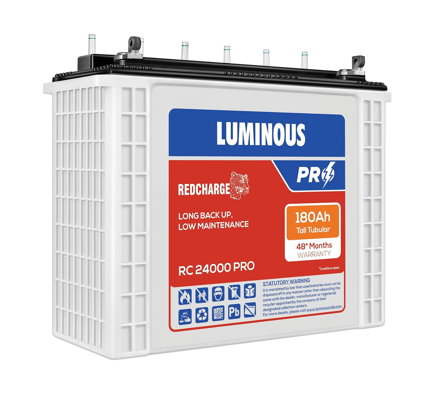 Luminous Red Charge RC 24000 PRO Battery for Home Office Shops 180 Ah12V Tall Tubular Easy Installation Durable and Reliable Inverter Battery Minimum Maintenance with 48 Months Warranty