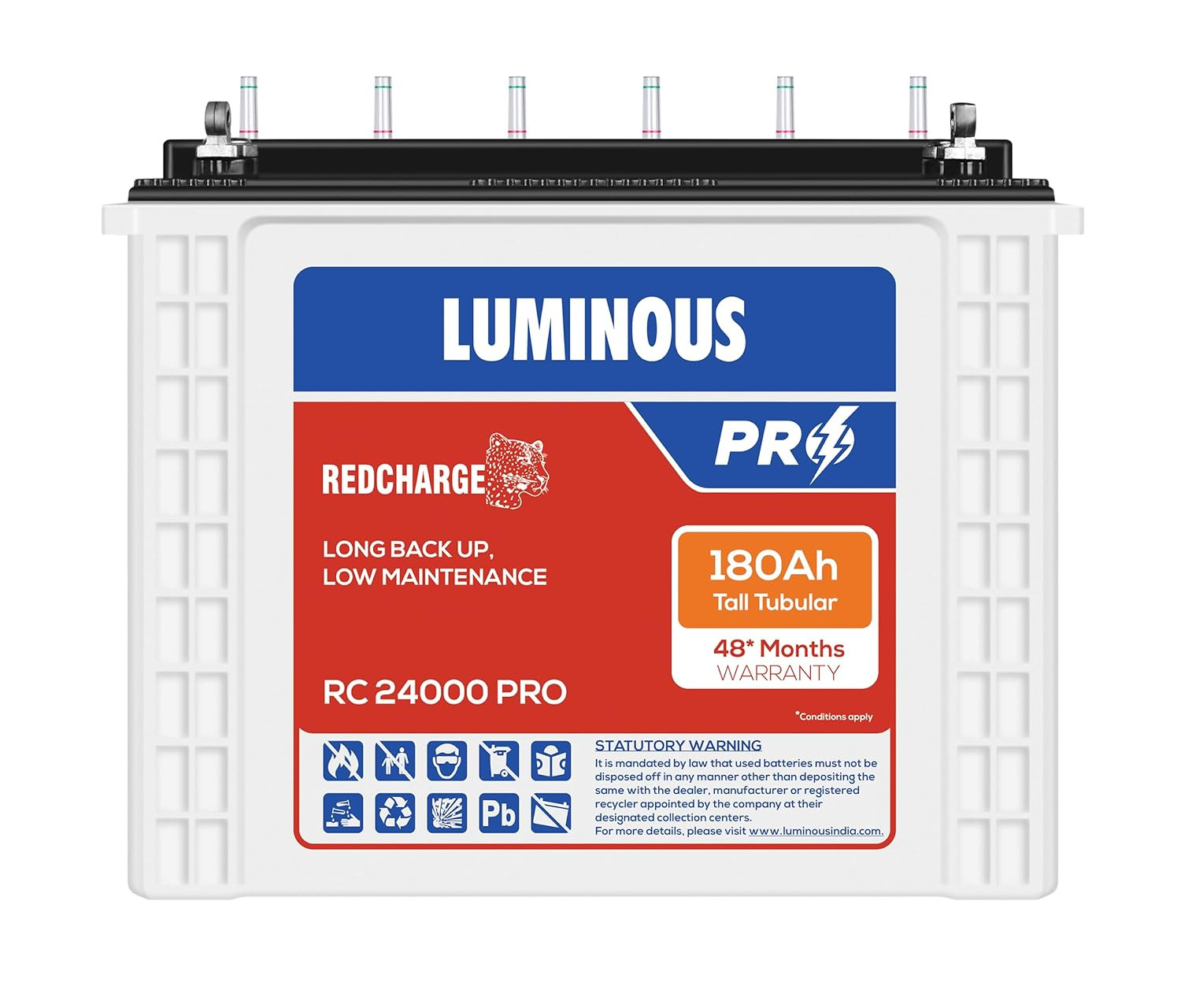 Luminous Red Charge RC 24000 PRO Battery for Home Office Shops 180 Ah12V Tall Tubular Easy Installation Durable and Reliable Inverter Battery Minimum Maintenance with 48 Months Warranty
