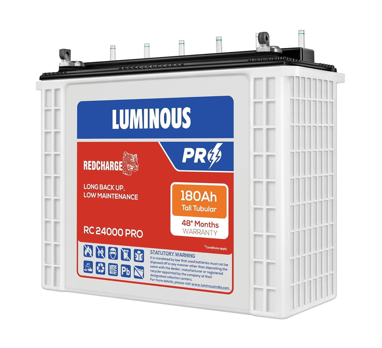 Luminous Red Charge RC 24000 PRO Battery for Home Office Shops 180 Ah12V Tall Tubular Easy Installation Durable and Reliable Inverter Battery Minimum Maintenance with 48 Months Warranty