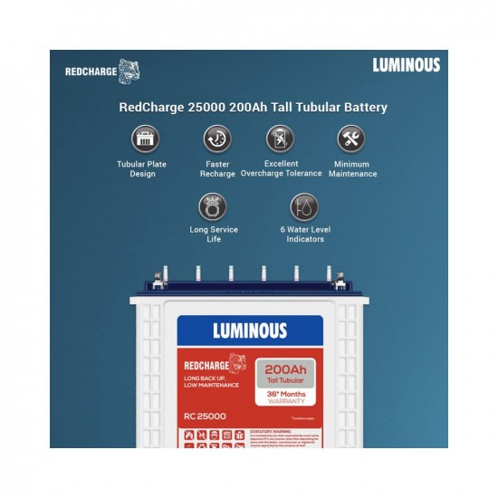 Luminous Red Charge RC 25000 200 Ah Tall Tubular Inverter Battery for Home Office Shops