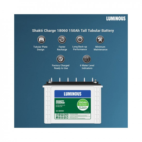 Luminous Shakti Charge SC18060 150 Ah Tall Tubular Inverter Battery for Home Office  Shops