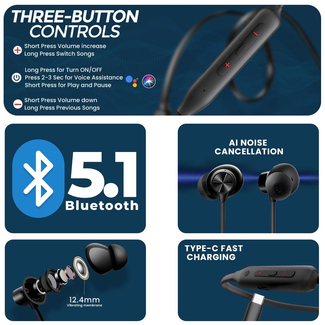 MAK Beatify Series Bluetooth Earphones for Musical Experience Magnetic OnOff 28 Hours Playtime HD Calls Smart Voice Assistant Type-C Fast Charge Deep Bass BT V 51 Neckband Earphones Black