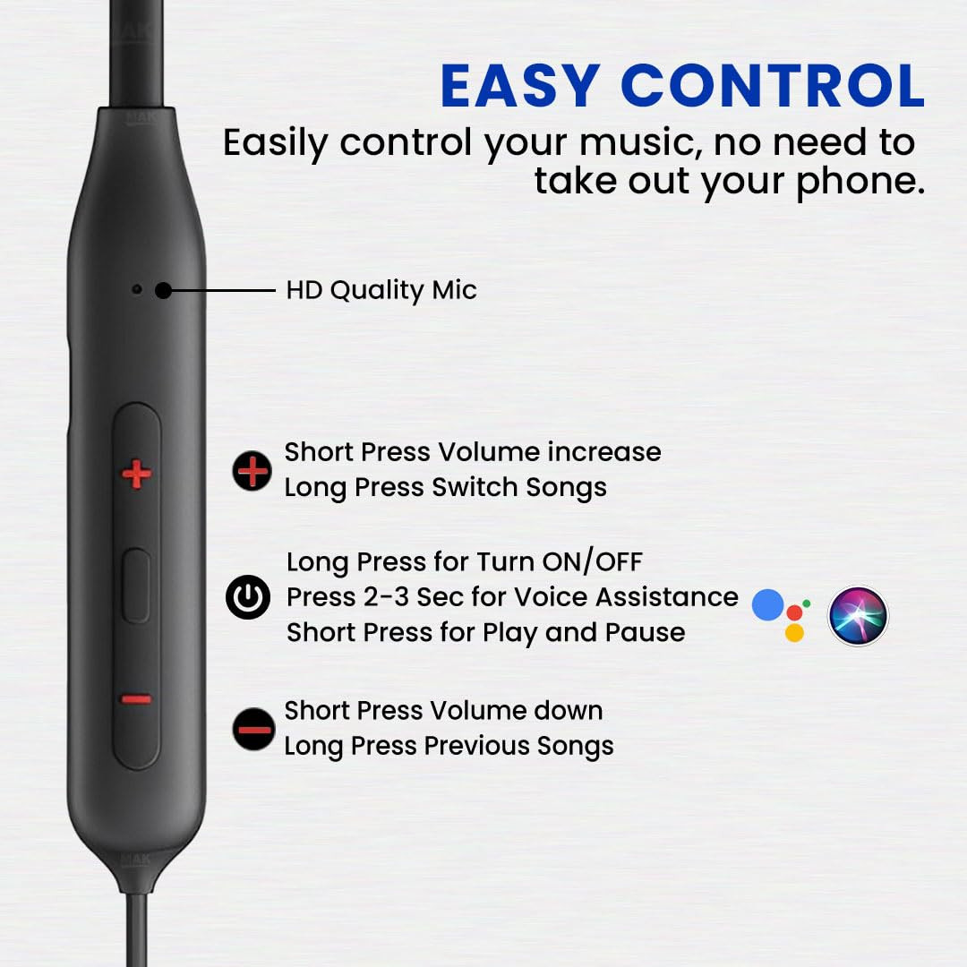 MAK Beatify Series Bluetooth Earphones for Musical Experience Magnetic OnOff 28 Hours Playtime HD Calls Smart Voice Assistant Type-C Fast Charge Deep Bass BT V 51 Neckband Earphones Black