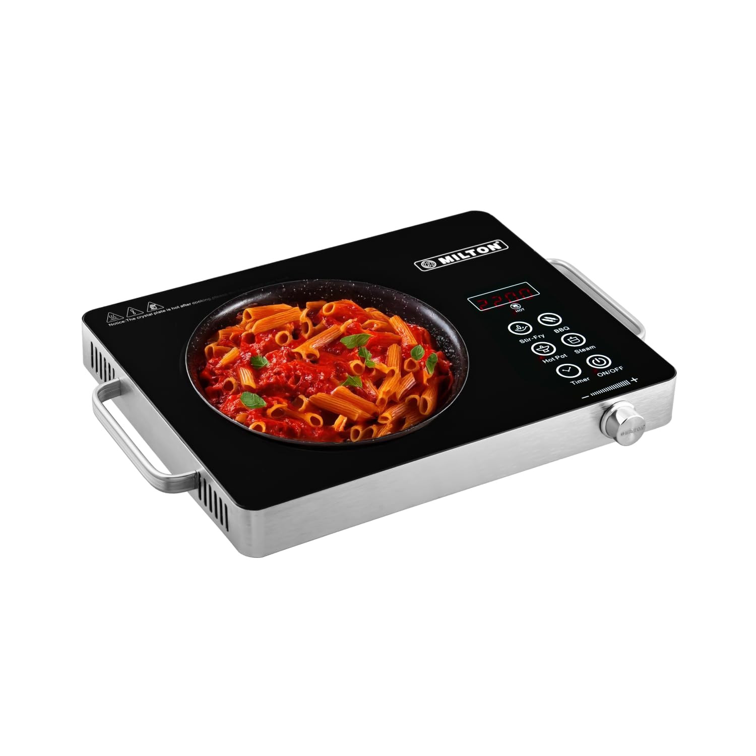 MILTON Classic 2200 Watt Infrared Cooktop with Crystal Glass  Touch Panel  4 Pre set cooking Modes  Stir-fry  BBQ  Hot Pot  Steam  60C to 600C  Digital time  Watt display - Classic SIlver