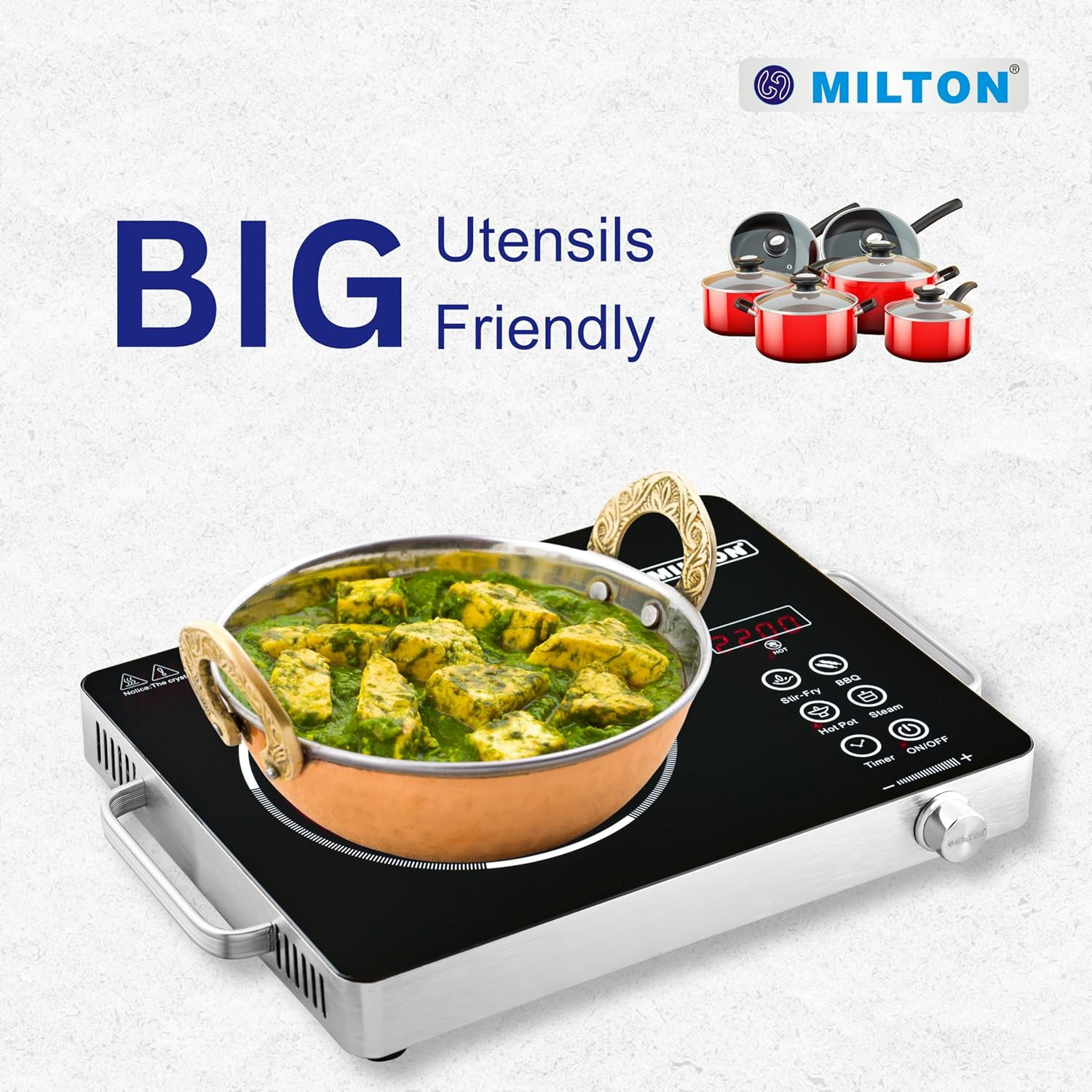 MILTON Classic 2200 Watt Infrared Cooktop with Crystal Glass  Touch Panel  4 Pre set cooking Modes  Stir-fry  BBQ  Hot Pot  Steam  60C to 600C  Digital time  Watt display - Classic SIlver