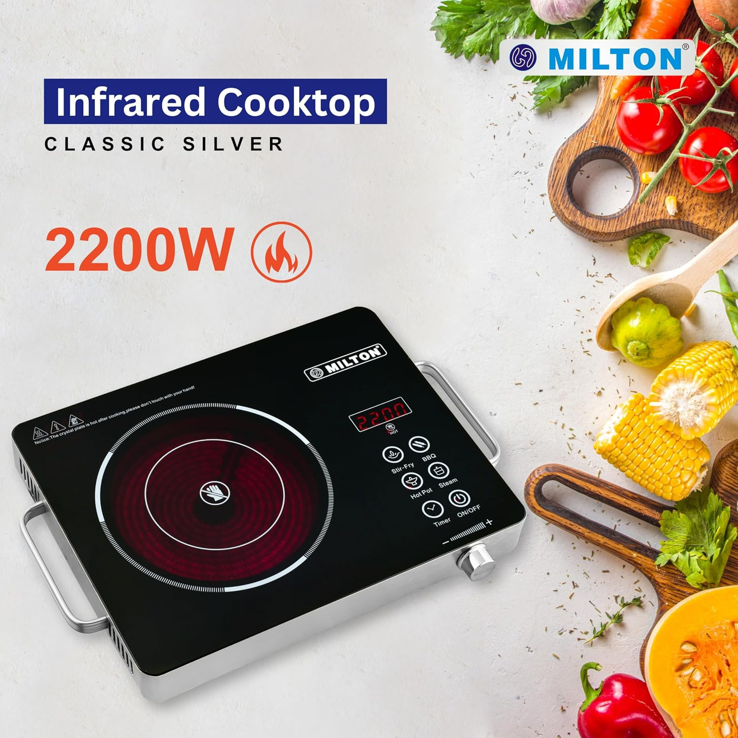 MILTON Classic 2200 Watt Infrared Cooktop with Crystal Glass  Touch Panel  4 Pre set cooking Modes  Stir-fry  BBQ  Hot Pot  Steam  60C to 600C  Digital time  Watt display - Classic SIlver