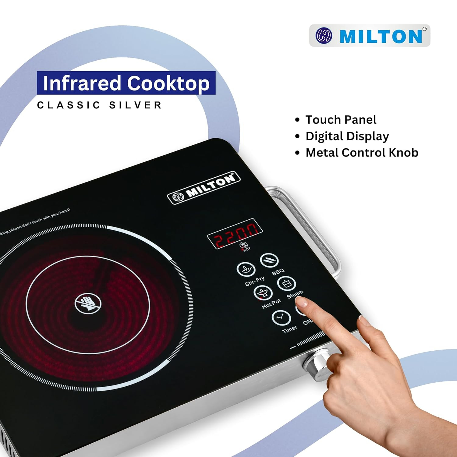 MILTON Classic 2200 Watt Infrared Cooktop with Crystal Glass  Touch Panel  4 Pre set cooking Modes  Stir-fry  BBQ  Hot Pot  Steam  60C to 600C  Digital time  Watt display - Classic SIlver