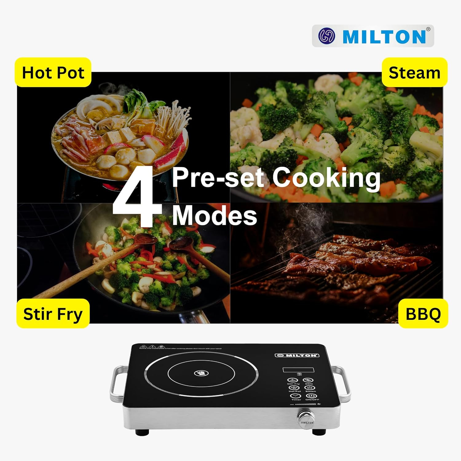 MILTON Classic 2200 Watt Infrared Cooktop with Crystal Glass  Touch Panel  4 Pre set cooking Modes  Stir-fry  BBQ  Hot Pot  Steam  60C to 600C  Digital time  Watt display - Classic SIlver