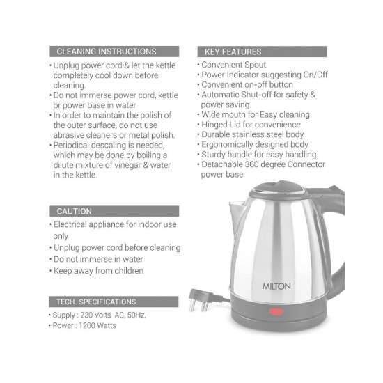 Milton Euroline Go Electro 12 Stainless Steel Electric Kettle 1 Piece 12 Litres Silver Power Indicator 1500 Watts Auto Cut-off Detachable 360 Degree Connector Boiler for Water
