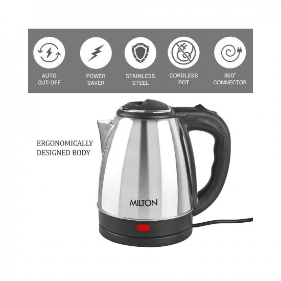 Milton Euroline Go Electro 12 Stainless Steel Electric Kettle 1 Piece 12 Litres Silver Power Indicator 1500 Watts Auto Cut-off Detachable 360 Degree Connector Boiler for Water