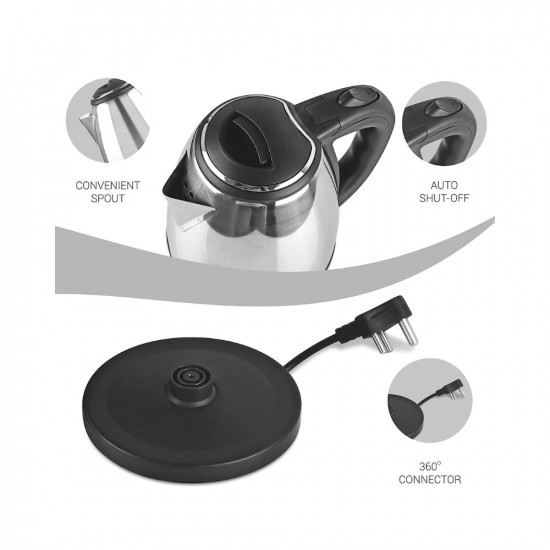 Milton Euroline Go Electro 15 Stainless Steel Electric Kettle 1 Piece 15 Litres Silver Power Indicator 1500 Watts Auto Cut-off Detachable 360 Degree Connector Boiler for Water