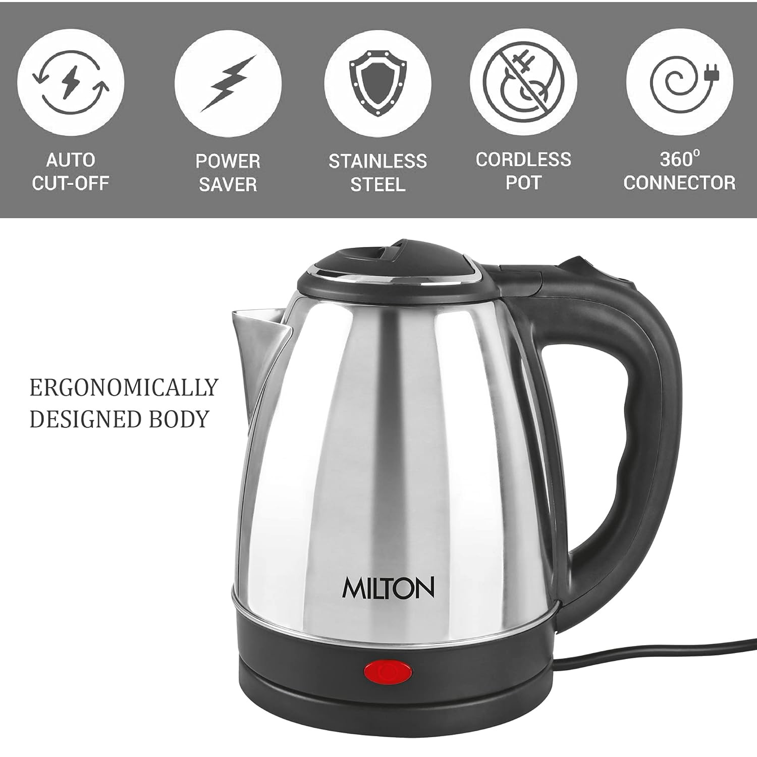 Milton Euroline Go Electro 20 Stainless Steel Electric Kettle 1 Piece 2 Litre Silver Power Indicator 1500 Watts Auto Cut-off Detachable 360 Degree Connector Boiler for Water Instant Noodles