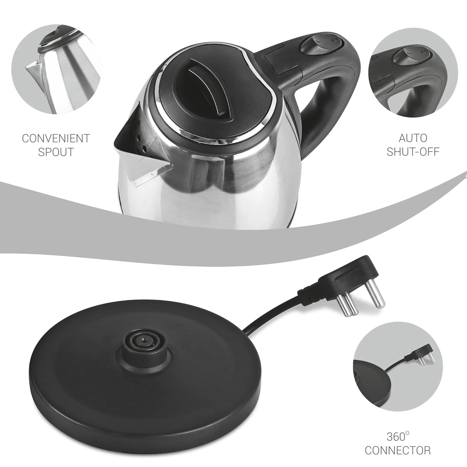 Milton Euroline Go Electro 20 Stainless Steel Electric Kettle 1 Piece 2 Litre Silver Power Indicator 1500 Watts Auto Cut-off Detachable 360 Degree Connector Boiler for Water Instant Noodles