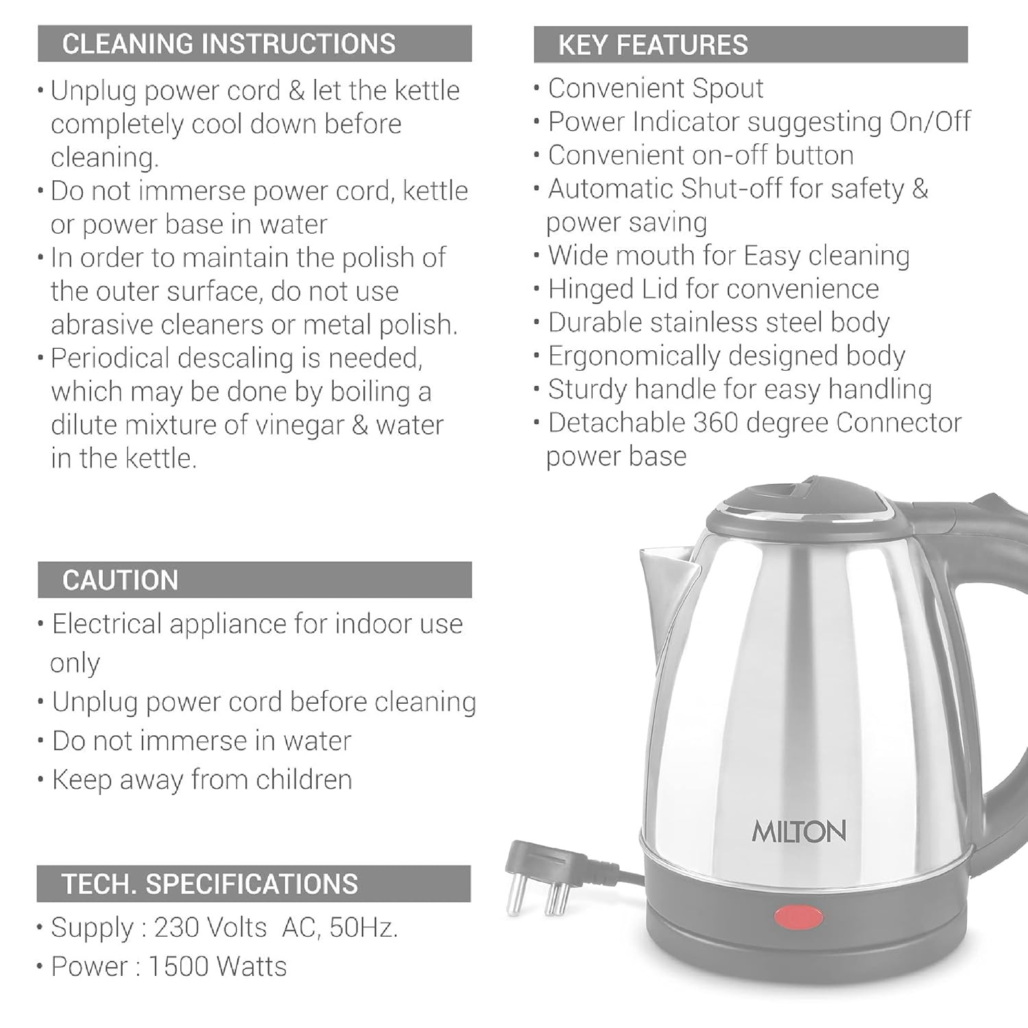 Milton Euroline Go Electro 20 Stainless Steel Electric Kettle 1 Piece 2 Litre Silver Power Indicator 1500 Watts Auto Cut-off Detachable 360 Degree Connector Boiler for Water Instant Noodles