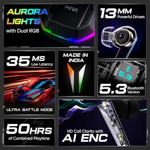 Mivi Commando X7 Just Launched Gaming in Ear Earbuds 35ms Low Latency Aurora Lights Dual RGB13mm Bass Drivers 50Hrs PlaytimeType C AI ENC Made in India Ear buds Wireless Bluetooth Gaming TWS