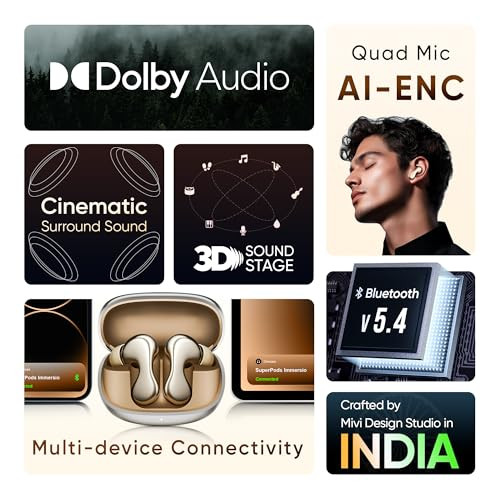 Mivi SuperPods Immersio Flagship Launch in Ear Ear Buds Wireless Dolby Audio 3D Soundstage 60H Playtime AI ENC Bluetooth TWS BT v54 Earbuds
