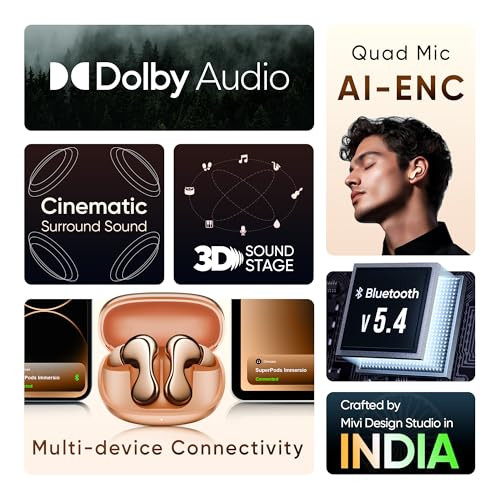 Mivi SuperPods ImmersioFlagship Launch Dolby Audio 3D Soundstage 60H Battery AI-ENC Mic BT 54 Ear Buds Wireless with Deep Bass Fast Charging in-Ear Bluetooth Earbuds
