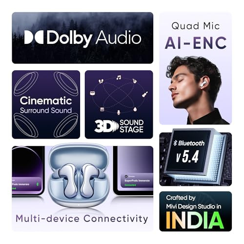 Mivi SuperPods ImmersioFlagship Launch Dolby Audio 3D Soundstage 60H Battery AI-ENC Mic BT 54 Ear Buds Wireless with Deep Bass Fast Charging in-Ear Bluetooth Earbuds