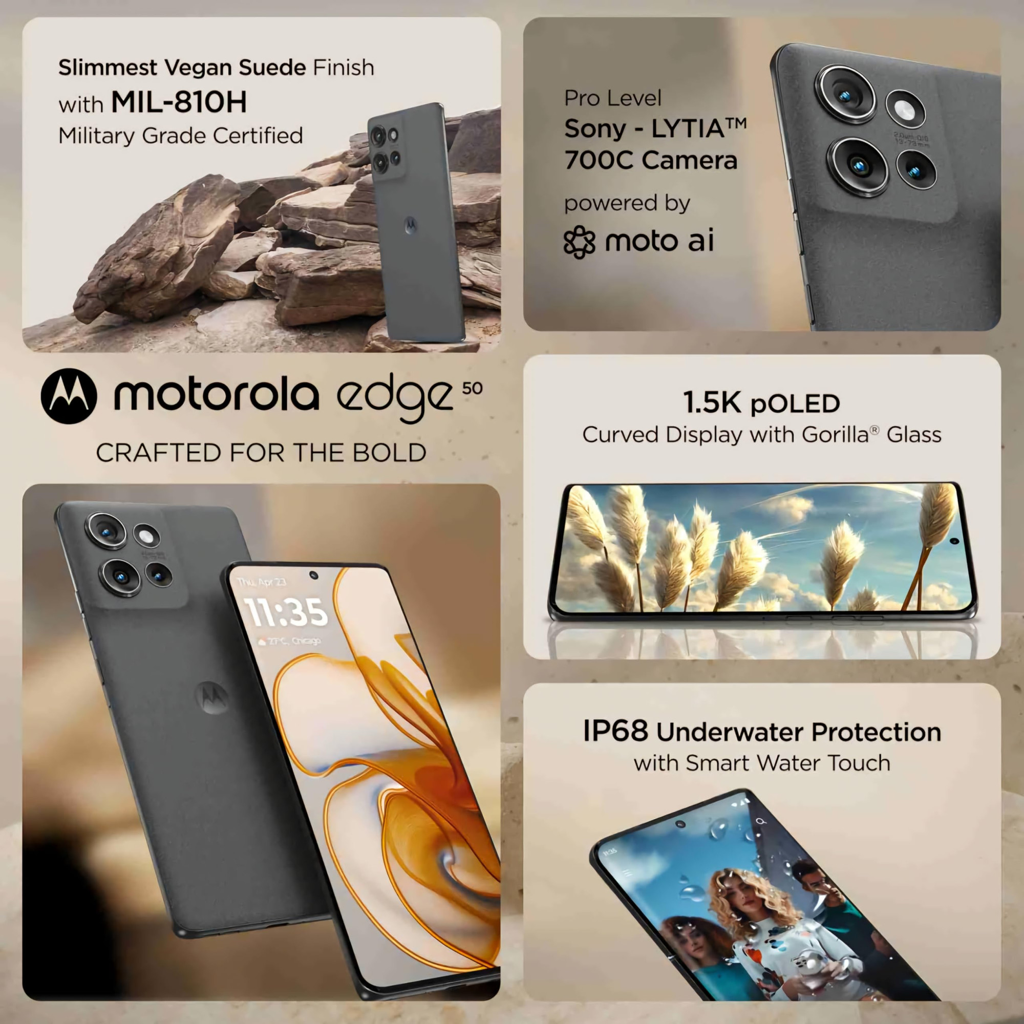 Motorola Edge 50 5G 8GB RAM 256GB Storage 50MP 13MP 10MP 32MP Front Camera 5000 mAh Battery Snapdragon 7 Gen 1 Accelerated Edition Processor Koala Grey