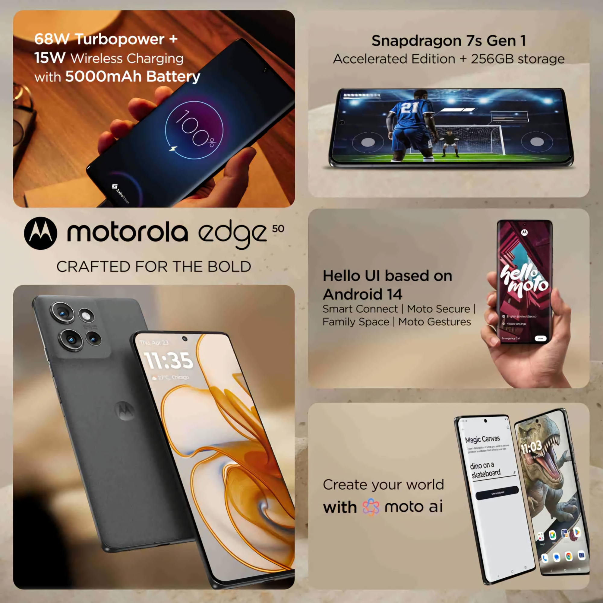 Motorola Edge 50 5G 8GB RAM 256GB Storage 50MP 13MP 10MP 32MP Front Camera 5000 mAh Battery Snapdragon 7 Gen 1 Accelerated Edition Processor Koala Grey