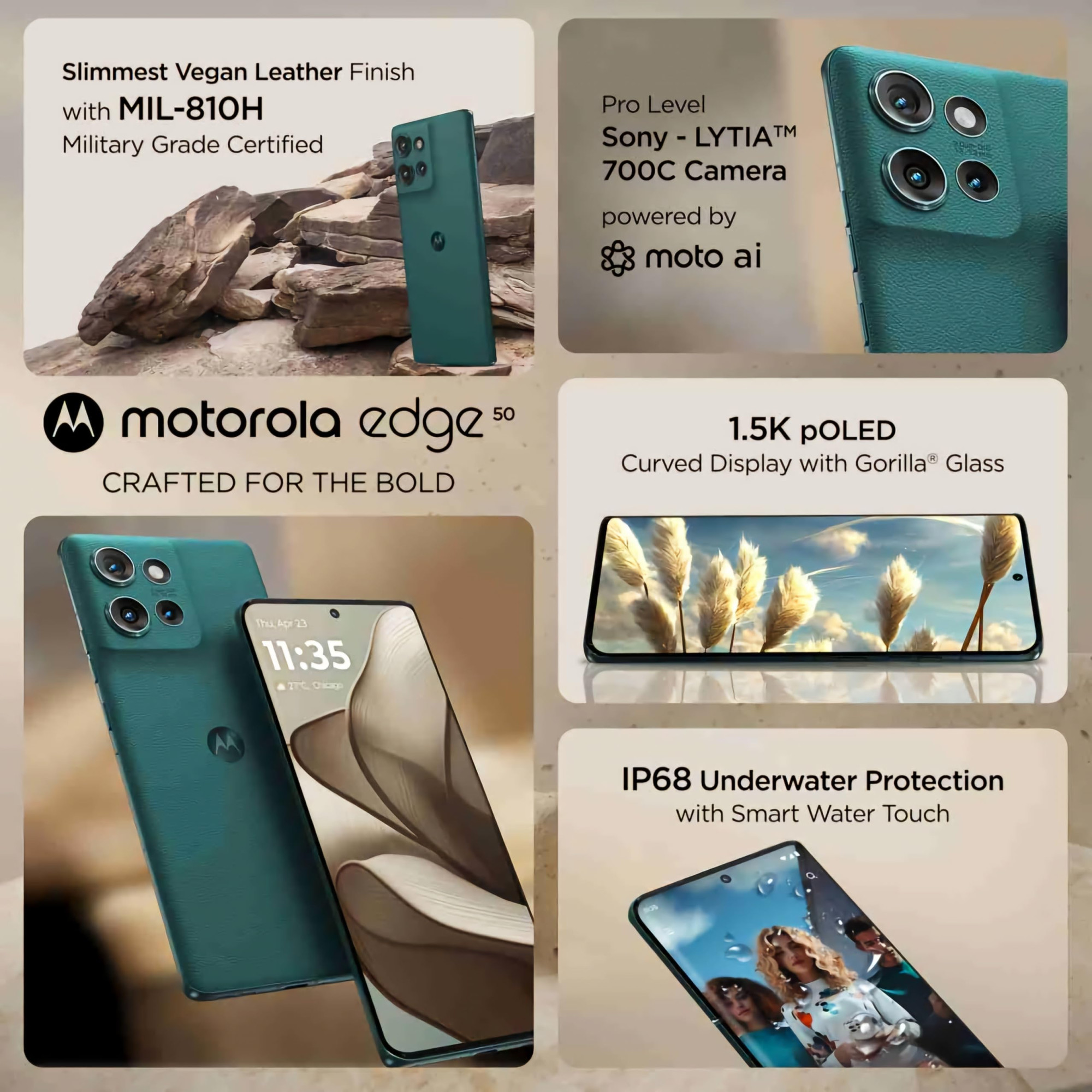Motorola Edge 50 5G 8GB RAM 256GB Storage 50MP 13MP 10MP 32MP Front Camera 5000 mAh Battery Snapdragon 7 Gen 1 Accelerated Edition Processor Jungle Green