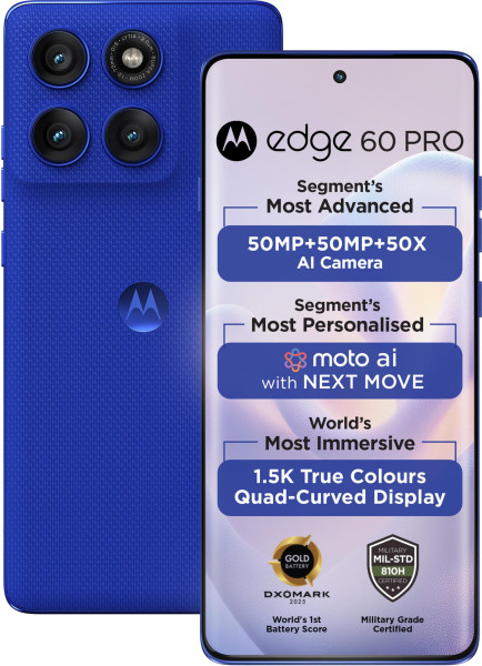 Image of Motorola Edge 60 Pro 5G (Pantone Dazzling Blue, 12GB RAM, 256GB Storage) | 6.7" pOLED | 50MP+50MP+10MP | 50MP Selfie | 6000mAh Battery | 90W Fast + 15W Wireless | Dimensity 8350 | IP68/IP69 Rated
