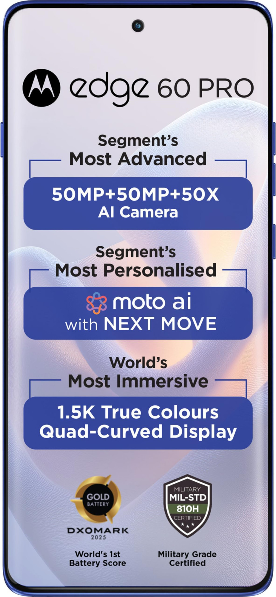 Motorola Edge 60 Pro 5G Pantone Dazzling Blue 8GB RAM 256GB Storage 67 Display 50MP50MP10MP 50MP Front Dimensity 8350 6000mAh 90W 15W Wireless Charging IP68IP69 Rated