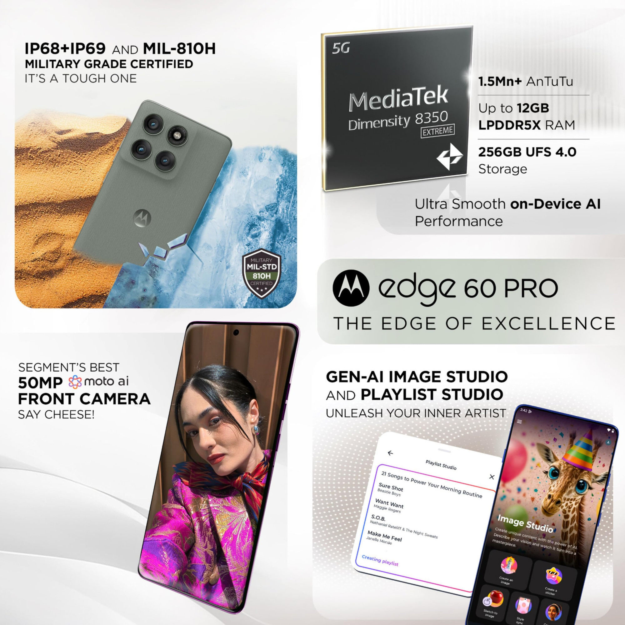 Motorola Edge 60 Pro 5G Pantone Shadow 8GB RAM 256GB Storage 67 Display 50MP50MP10MP 50MP Selfie Dimensity 8350 6000mAh 90W Fast 15W Wireless Charging IP69 MIL-STD 810H