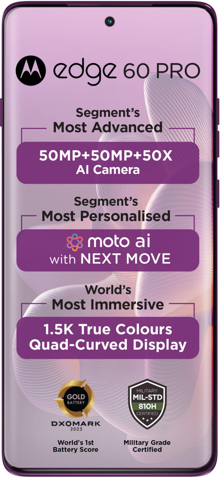 Motorola Edge 60 Pro 5G Pantone Sparkling Grape 12GB RAM 256GB Storage 67 Curved AMOLED 50MP Triple 50MP Selfie 6000mAh 90W 15W Wireless Dimensity 8350 IP68IP69 Rated