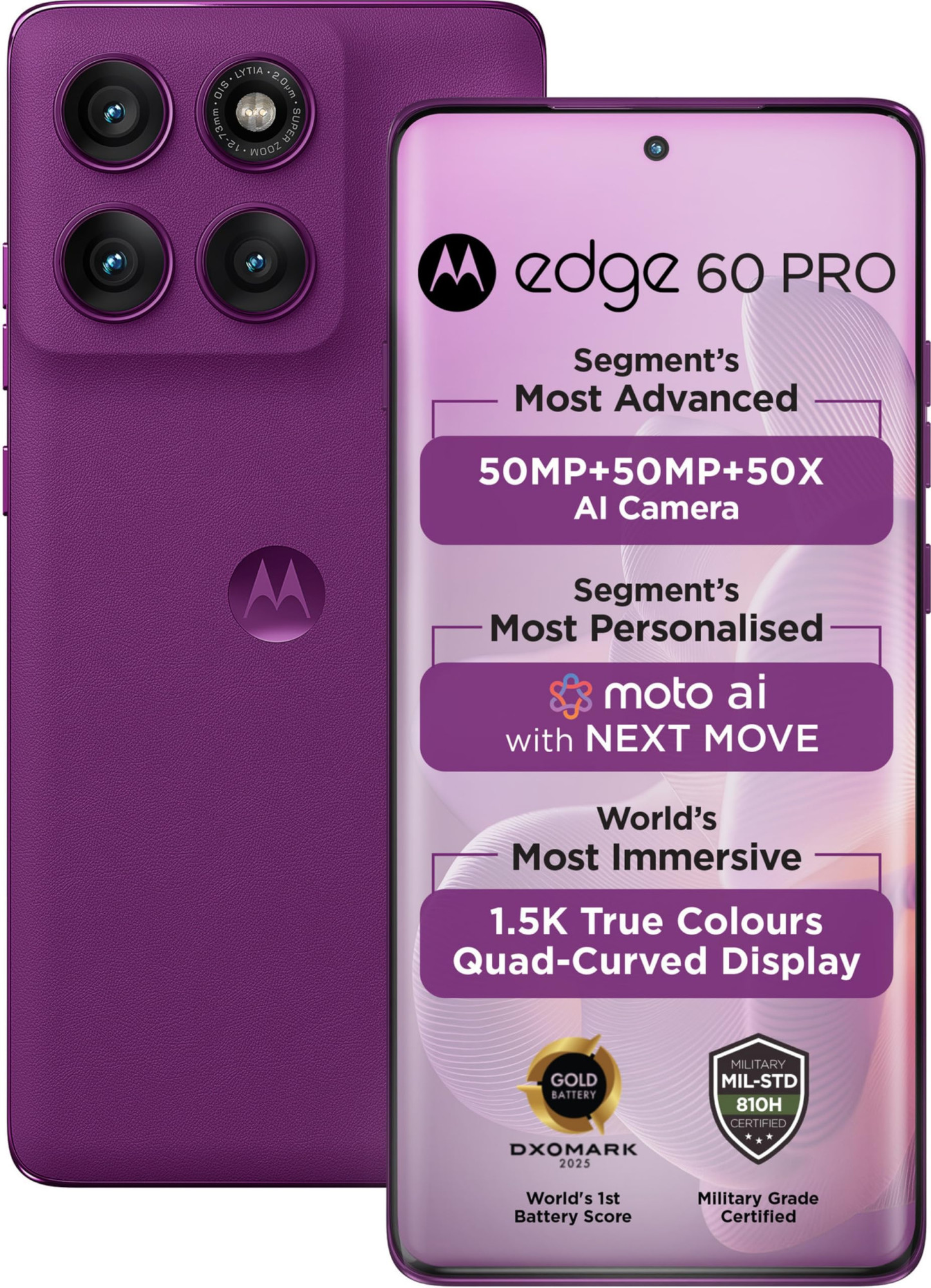 Motorola Edge 60 Pro 5G Pantone Sparkling Grape 8GB RAM 256GB Storage 67 AMOLED 50MP Triple Cam 50MP Front 6000mAh 90W 15W Wireless IP68IP69 Dimensity 8350 AI Processor