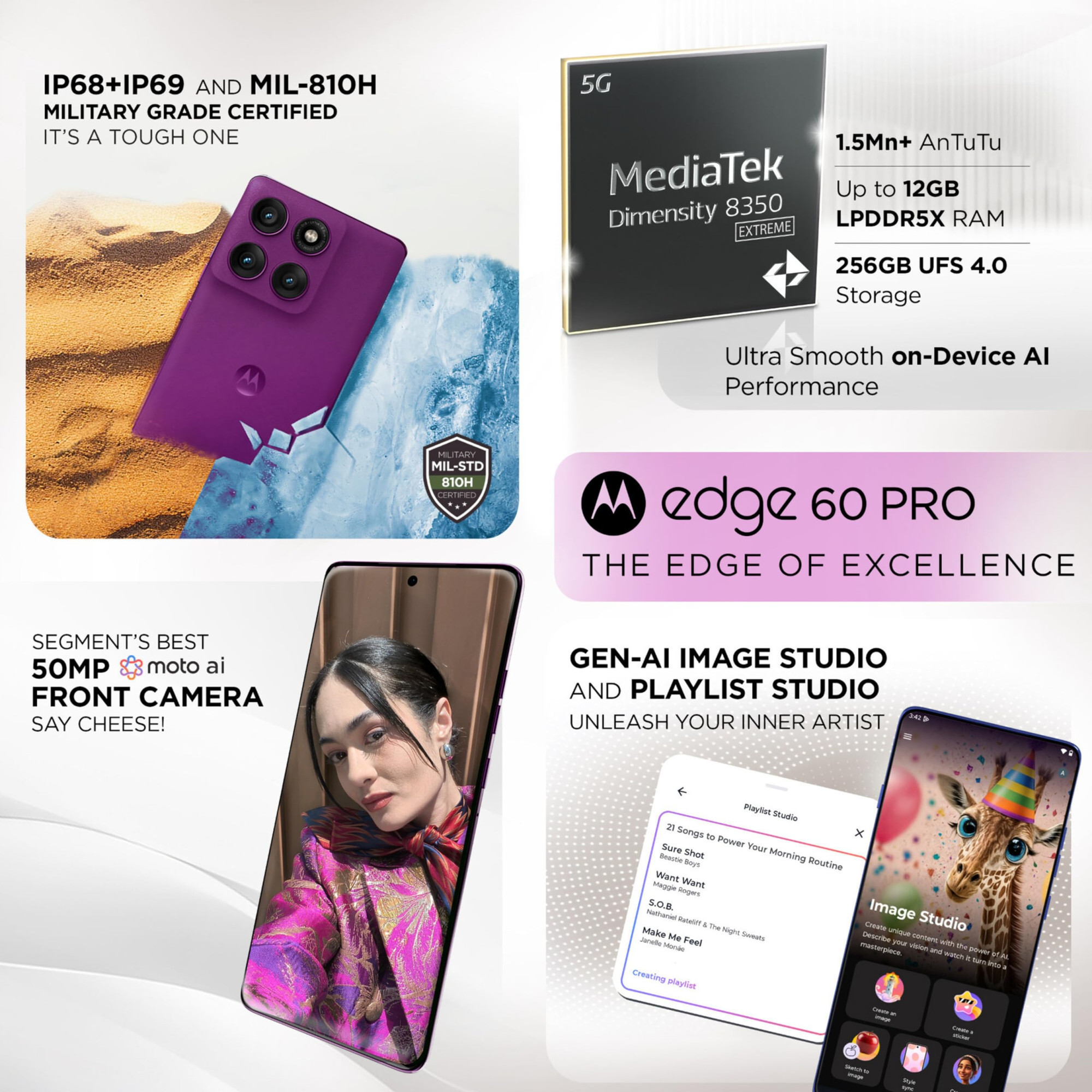 Motorola Edge 60 Pro 5G Pantone Sparkling Grape 8GB RAM 256GB Storage 67 AMOLED 50MP Triple Cam 50MP Front 6000mAh 90W 15W Wireless IP68IP69 Dimensity 8350 AI Processor