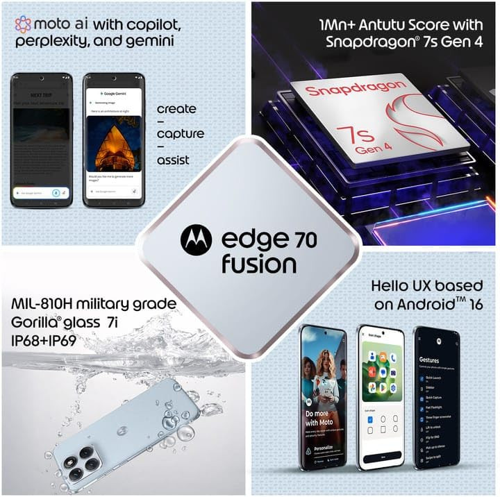Motorola Edge 70 Fusion 5G Pantone Country Air 12GB RAM 256GB Storage AI Features 678-inch 144Hz AMOLED Snapdragon 7s Gen 4 50MP 13MP Camera 32MP Selfie 7000mAh 68W TurboPower
