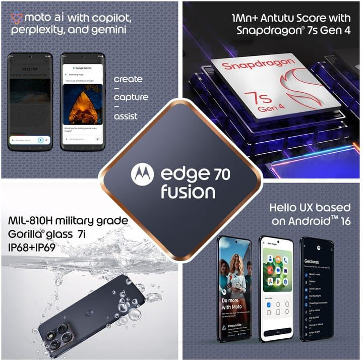 Motorola Edge 70 Fusion 5G Pantone Silhouette 12GB RAM 256GB Storage  AI Features  678-inch 144Hz AMOLED  Snapdragon 7s Gen 4  50MP  13MP Camera  32MP Selfie  7000mAh  68W TurboPower