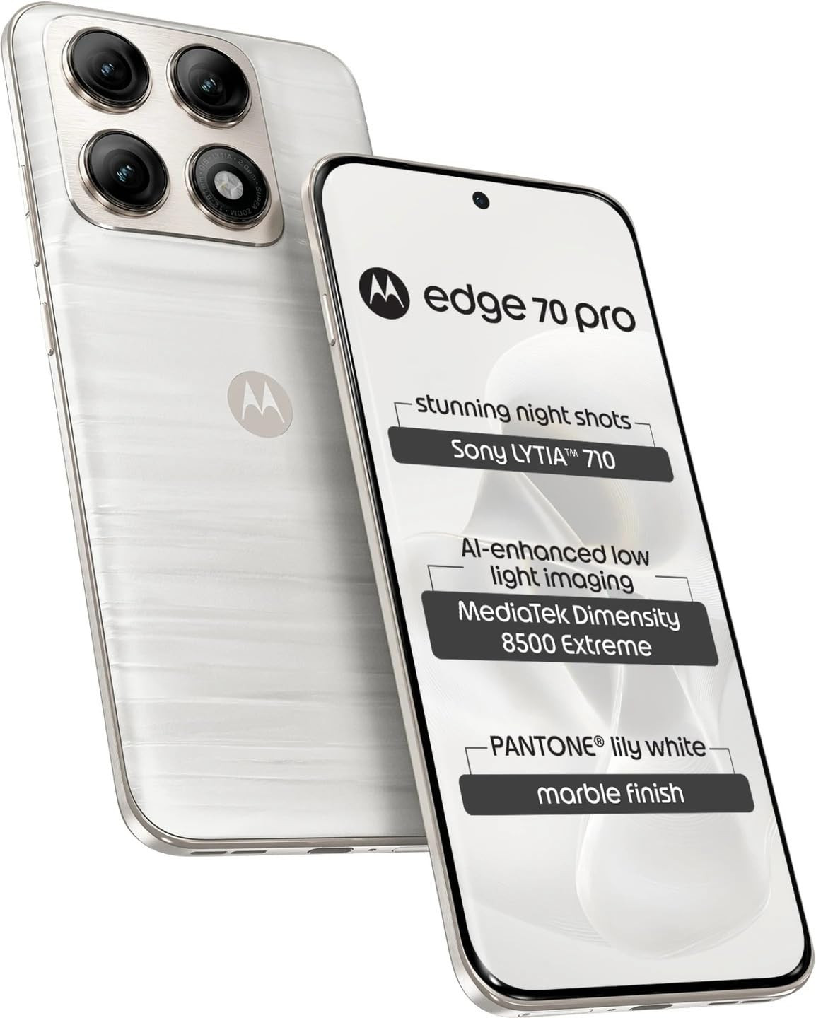 Motorola Edge 70 Pro Marble Pantone Lily White 8GB RAM 256GB Storage  Dimensity 8500 Extreme Processor  50MP Dual Camera  50MP Selfie  68 144Hz AMOLED Display  6500mAh Battery 