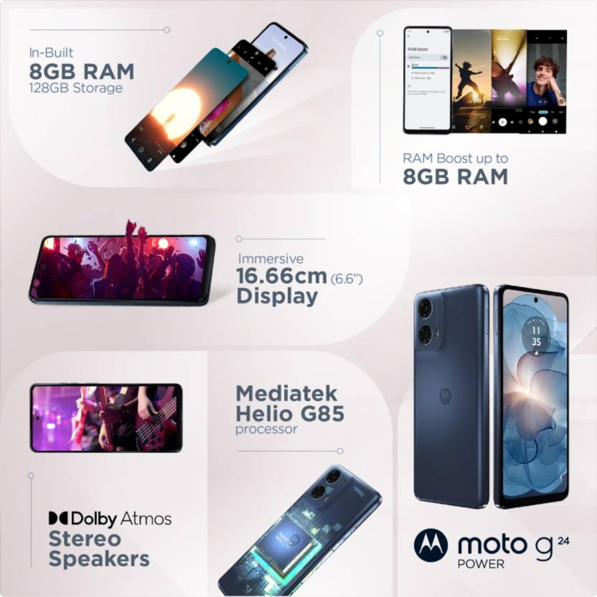 Motorola G24 Power Ink Blue 4GB RAM 128GB Storage Expandable Upto 1 TB up to 8GB with RAM Boost 50 MP Quad Pixel Camera MediaTek Helio G85 6000 mAh Battery 33 W TurboPower Charger