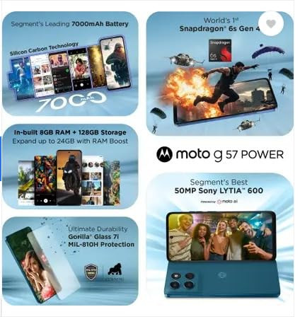 Motorola g57 Power 5G Pantone Corsair 128 GB 8 GB RAM  7000 mAh Battery  6s Gen 4 Processor  672 FHD Display  50MP  8MP  8MP Front Camera 