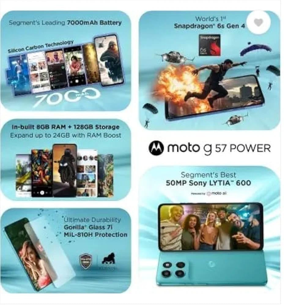 Motorola G57 Power 5G Regatta 8GB RAM 128GB Storage  Snapdragon 6s Gen 4 Processor  672 FHD Display  50MP LYT-600  8MP Ultrawide  8MP Selfie Camera  7000mAh Battery 33W TurboPower  IP64